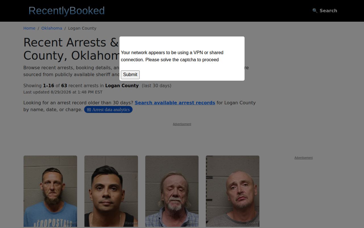 Unofficial Logan County recent-arrest publisher interface requiring official record verification