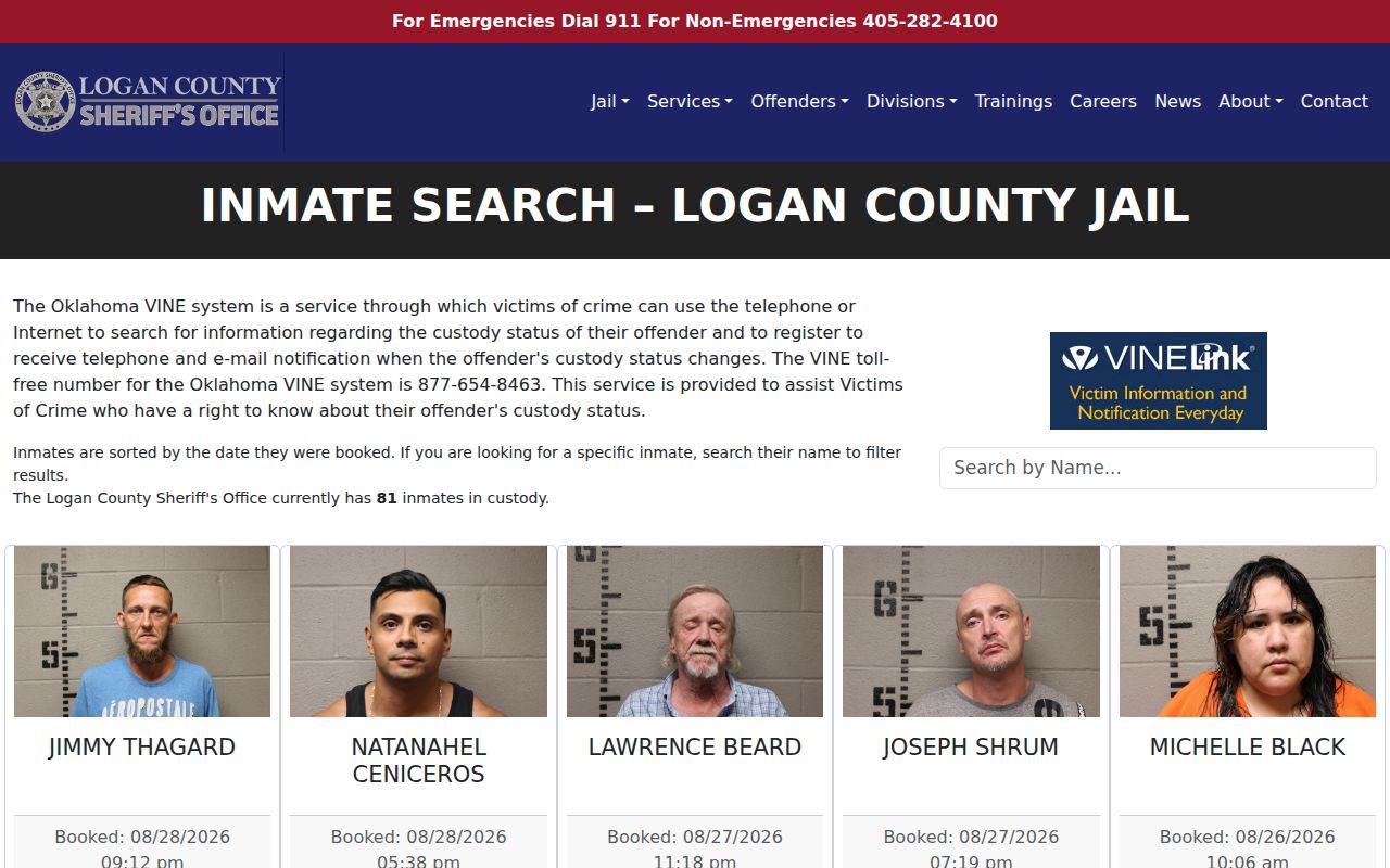 Logan County current custody roster search and booking-date view