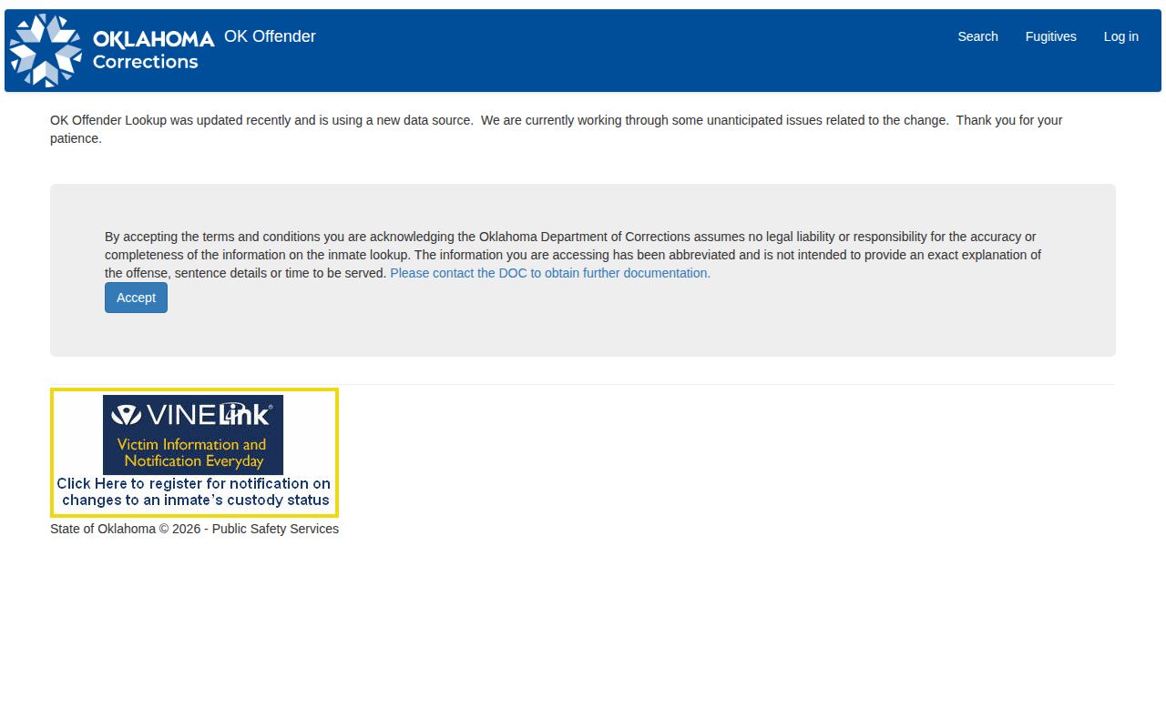 Oklahoma Department of Corrections offender locator for state custody records