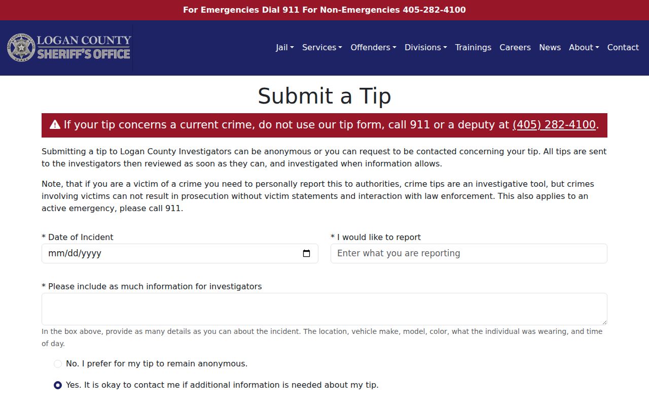 Logan County Sheriff's anonymous wanted-person tip submission interface