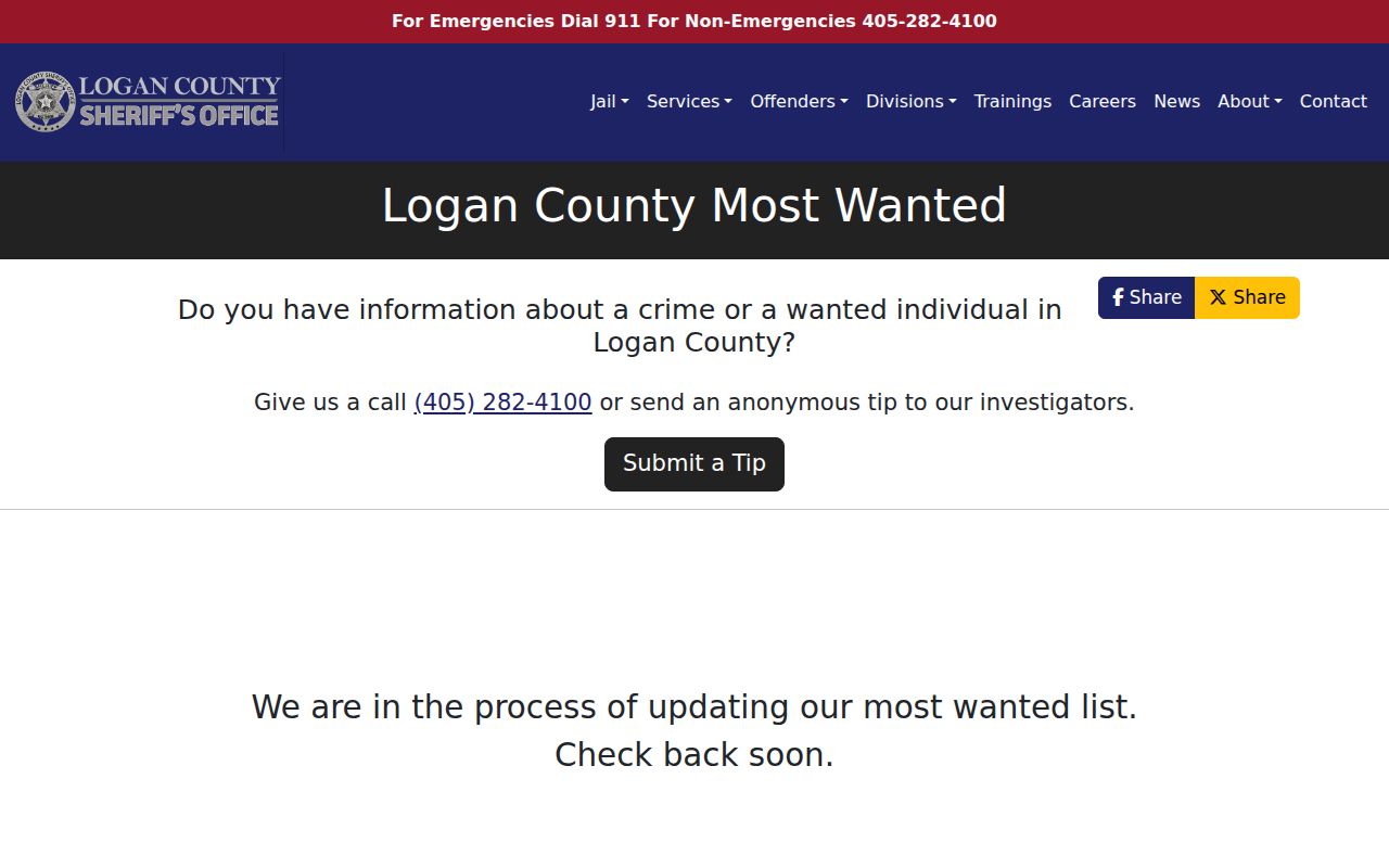 Logan County Sheriff's Most Wanted official warrant information interface